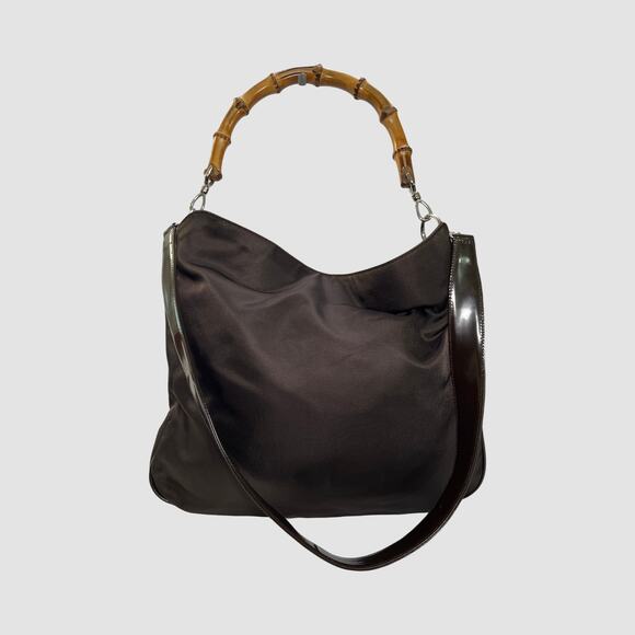 Gucci Vintage Brown Nylon Bamboo Handle Hobo Bag Patent Trim Shoulder - Picture 1 of 16
